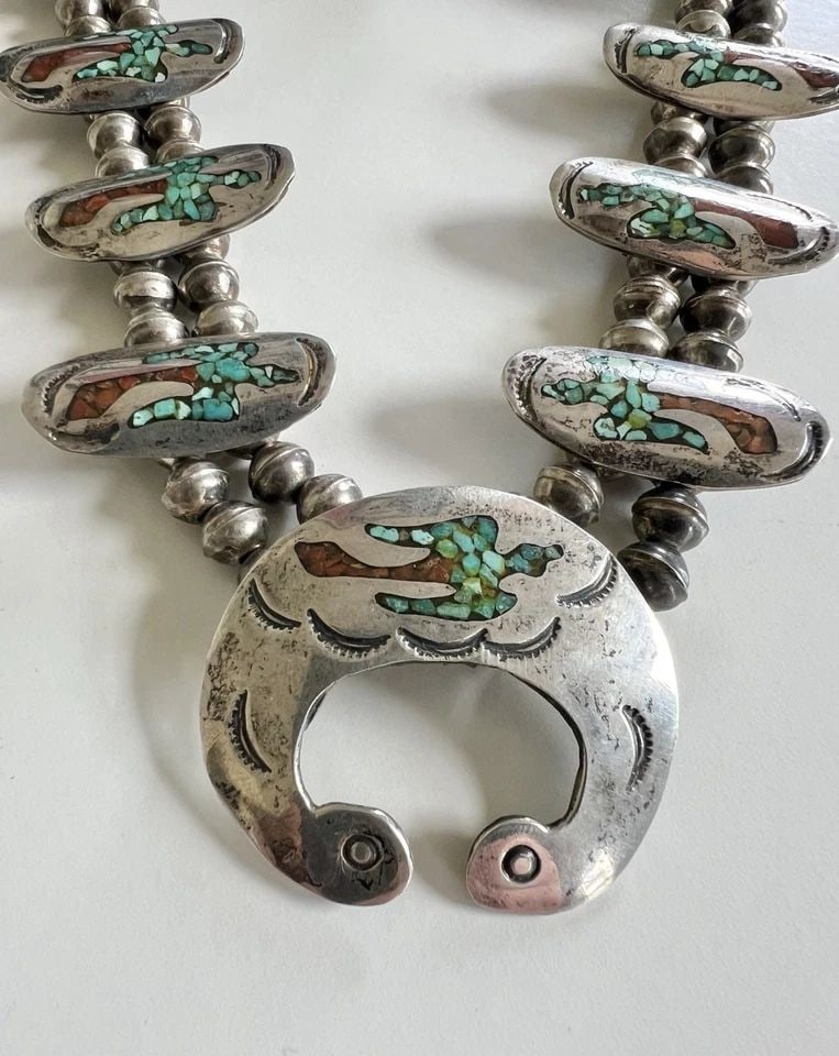 NAVAJO STERLING SILVER CHIP TURQUOISE CORAL PEYOTE BIRD SQUASH BLOSSOM NECKLACE (1 of 2)