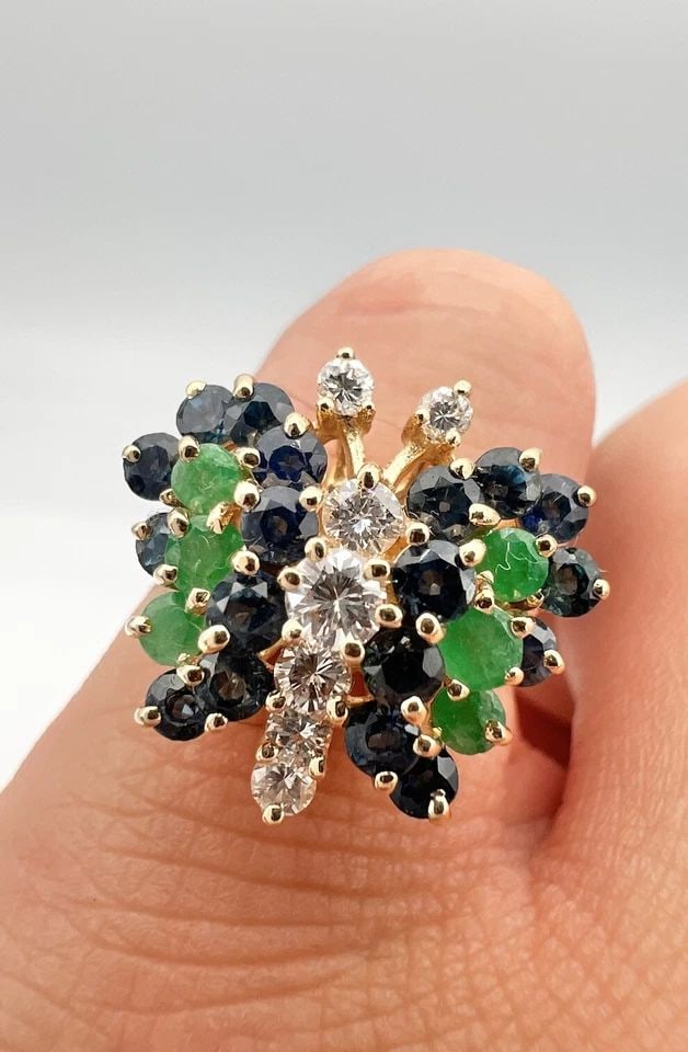 DESIGNER 14K YELLOW GOLD NATURAL 1.75TCW DIAMOND SAPPHIRE EMERALD BUTTERFLY RING: DESIGNER 14K YELLOW GOLD NATURAL 1.75TCW DIAMOND SAPPHIRE EMERALD BUTTERFLY RING Designer 14K Yellow Gold Natural 1.75tcw Diamond Sapphire Emerald Butterfly Ring Size: 7 - Can Be Sized Without Damagin