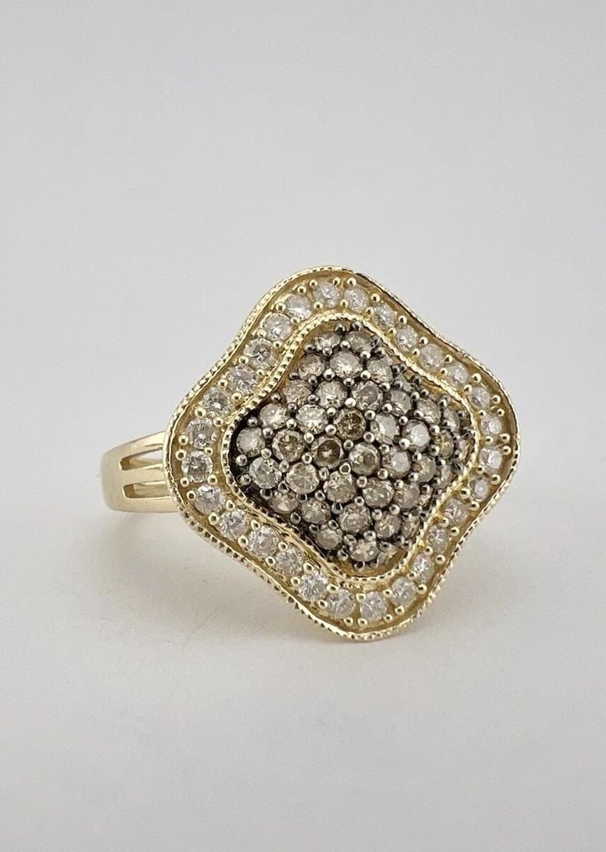 DESIGNER 14K YELLOW COGNAC CHAMPAGNE & WHITE DIAMOND FLORAL RING (1 of 2)