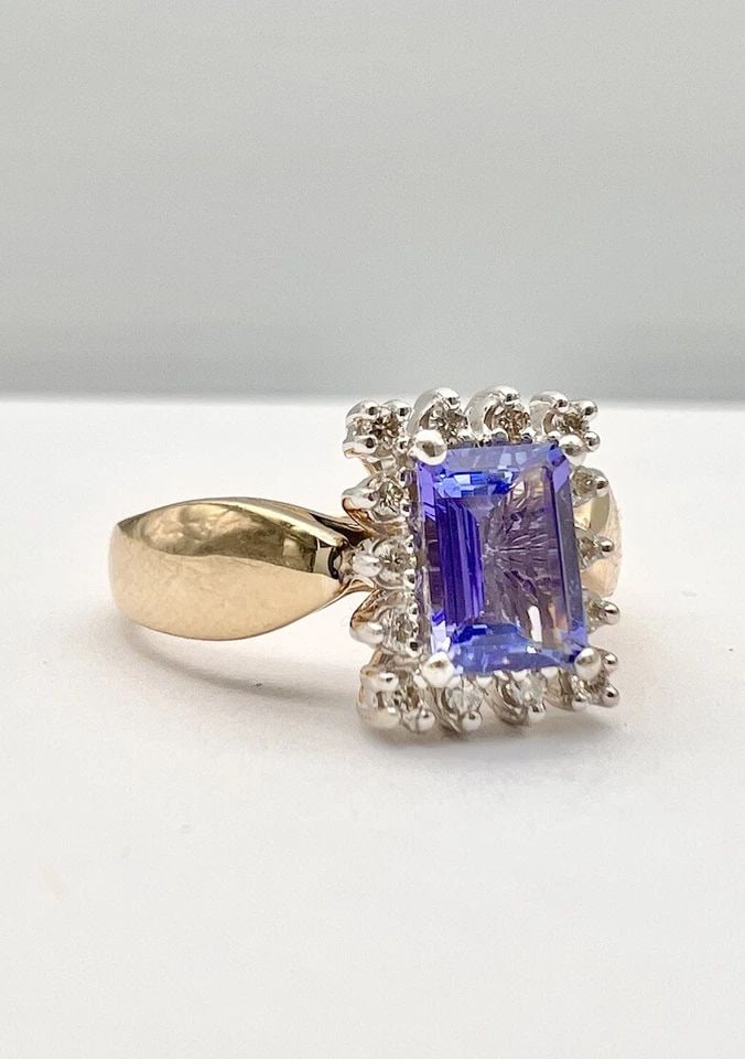 DESIGNER 14K YELLOW GOLD EMERALD CUT 1.10CT TANZANITE & DIAMOND HALO RING (1 of 2)