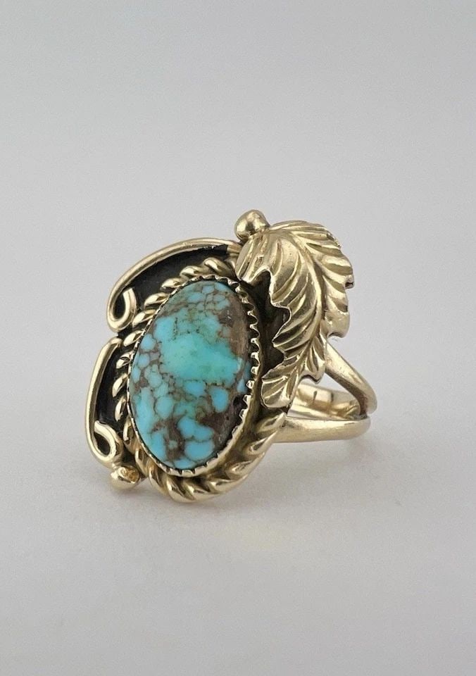 VTG NAVAJO 14K YELLOW GOLD SPIDERWEB NEVADA BLUE TURQUOISE STAMPED RING 4.6G (1 of 2)