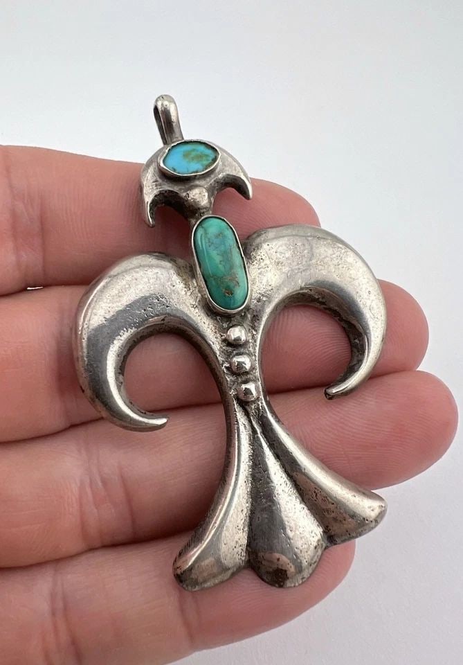 OLD 1930S NAVAJO INGOT COIN SILVER CAST TURQUOISE THUNDERBIRD PIN BROOCH PENDANT (1 of 2)