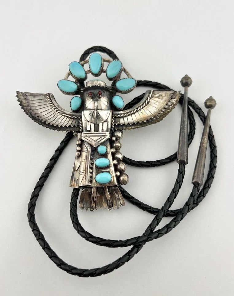NAVAJO STERLING SILVER TURQUOISE & CORAL WINGED EAGLE KACHINA BOLO TIE 4" -72.3G (1 of 2)