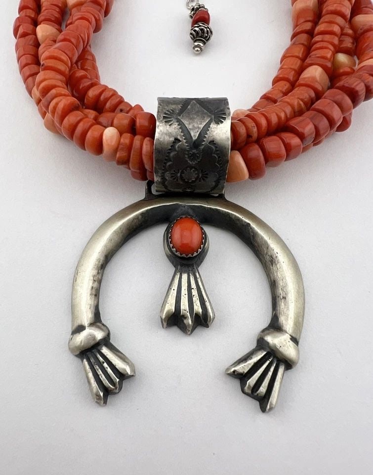 ROCKI GORMAN NAVAJO SANDCAST STERLING SILVER CORAL HEISHI NAJA PENDANT NECKLACE: ROCKI GORMAN NAVAJO SANDCAST STERLING SILVER CORAL HEISHI NAJA PENDANT NECKLACE Rocki Gorman Navajo Sandcast Sterling Silver Coral Heishi NAJA Pendant Necklace Necklace Size: 20" Long - Adjustable Dow