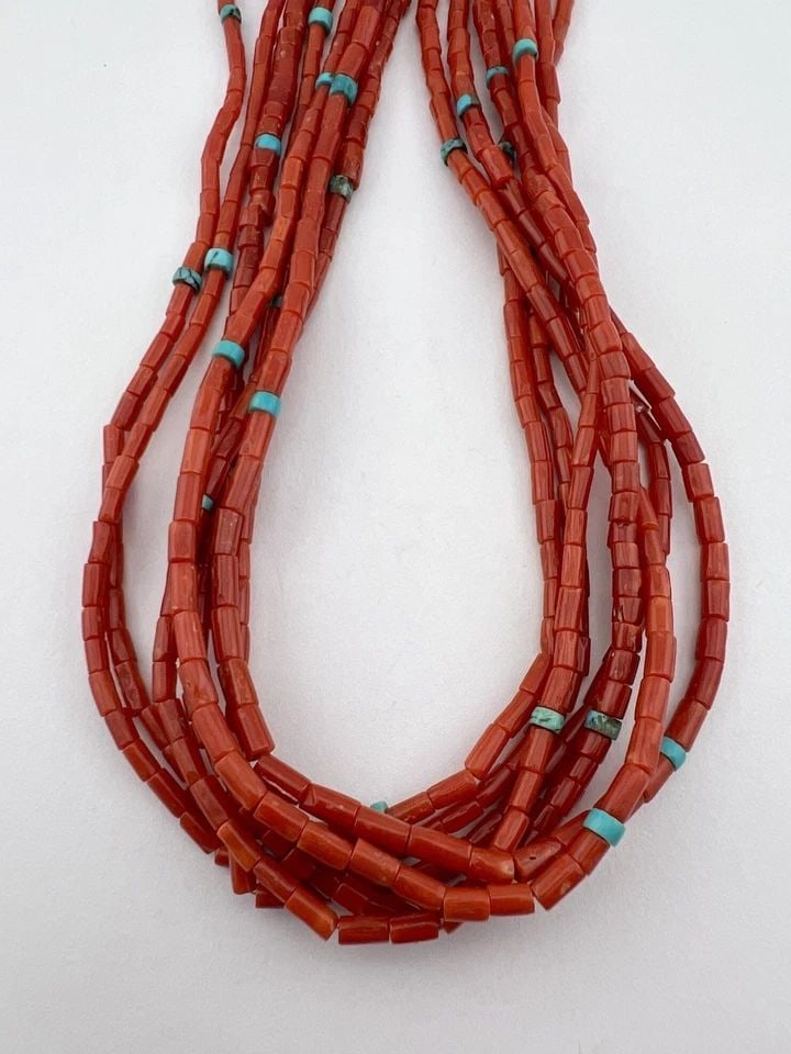 NAVAJO STERLING SILVER NATURAL RED CORAL TURQUOISE HEISHI TUBE 7 STRAND NECKLACE (1 of 2)