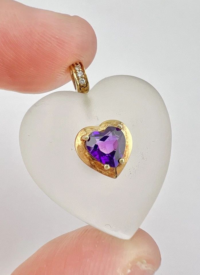 14K YELLOW GOLD CARVED FROSTED ROCK QUARTZ & DIAMOND AMETHYST HEART LOVE PENDANT (1 of 2)