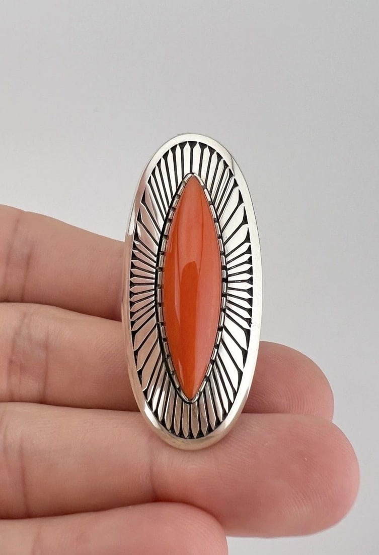 KEE NEZ NAVAJO STERLING SILVER MEDITERRANEAN RED CORAL STAMPED LONG RING 1.75": KEE NEZ Navajo Sterling Silver Mediterranean Red Coral Stamped Long Ring 1.75" Ring Size: 8 - Can be Resized Ring Is Slightly Over 1 3/4" Tall In the Center By Over 3/4" Wide Weight is 17.9 Grams on m