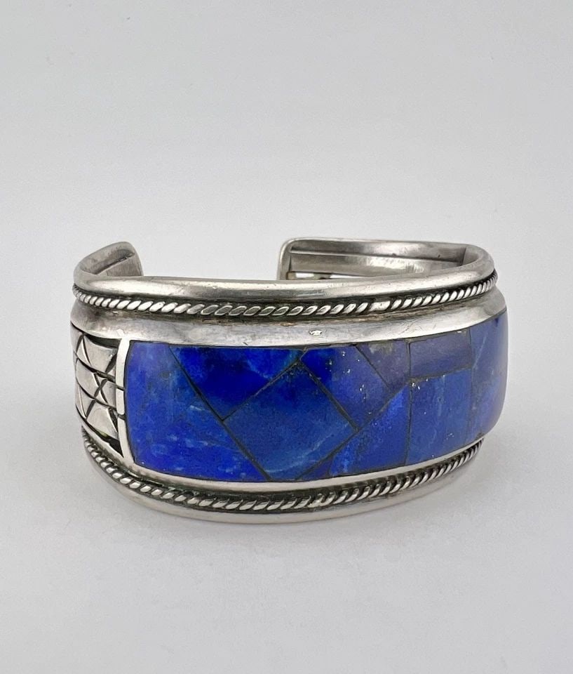 OLD DJ NAVAJO STERLING SILVER FLUSH LAPIS LAZULI COBBLESTONE CUFF BRACELET 63.5G (1 of 2)