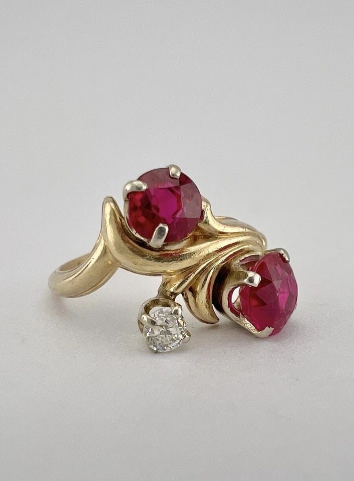 ANTIQUE ART NOUVEAU 14K YELLOW GOLD RED SYNTHETIC RUBY & DIAMOND FLORAL RING (1 of 2)