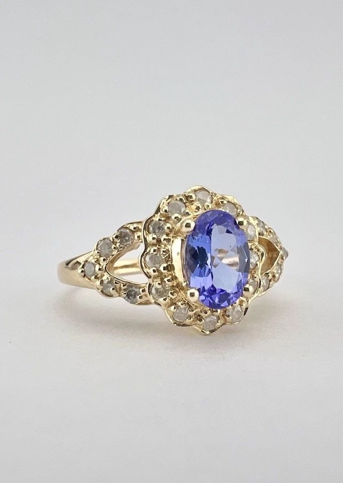 DESIGNER 14K YELLOW GOLD .72CT OVAL TANZANITE & PAVE SET .28CT DIAMOND HALO RING (1 of 2)