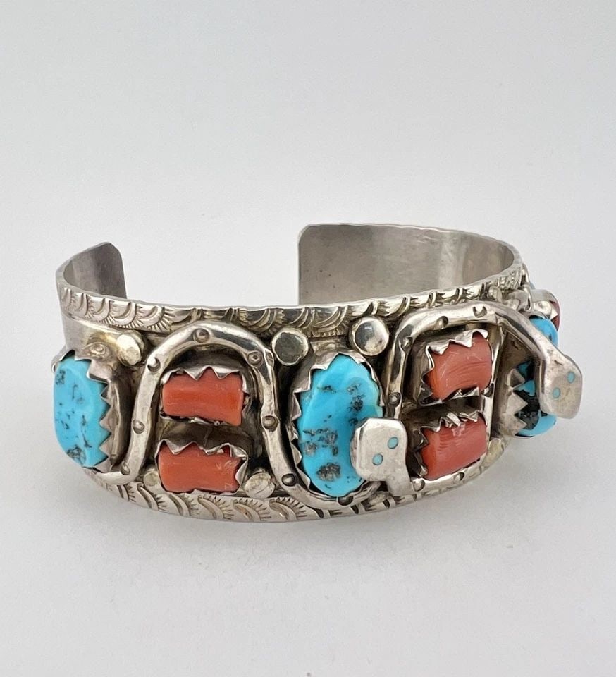 VTG ZUNI STERLING SILVER TURQUOISE CORAL STAMPED DOUBLE SNAKE CUFF BRACELET 89G: VTG ZUNI STERLING SILVER TURQUOISE CORAL STAMPED DOUBLE SNAKE CUFF BRACELET 89G Vtg Zuni Sterling Silver Turquoise Coral Stamped Double Snake Cuff Bracelet 89g Cuff is 6" tip to Tip and has a 1 1/4" W