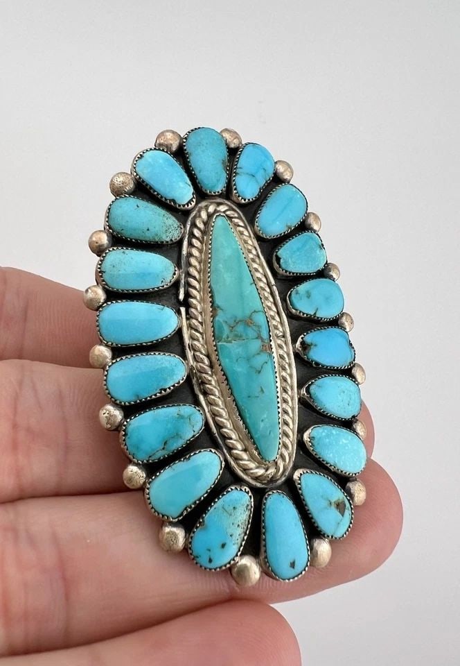 HUGE VINTAGE ONDELACY WEEBOTHEE ZUNI LONE MOUNTAIN TURQUOISE CLUSTER RING 2.25": HUGE VINTAGE ONDELACY WEEBOTHEE ZUNI LONE MOUNTAIN TURQUOISE CLUSTER RING 2.25" HUGE Vintage Ondelacy Weebothee Zuni Lone Mountain Turquoise Cluster Ring 2.25" Ring Size: Just Under 11 - Can Be re Siz