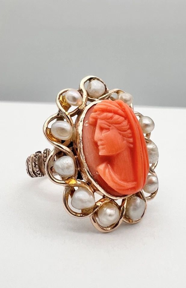 ANTIQUE VICTORIAN ETRUSCAN 14K ROSE GOLD CARVED ANGEL SKIN CAMEO SEED PEARL RING: ANTIQUE VICTORIAN ETRUSCAN 14K ROSE GOLD CARVED ANGEL SKIN CAMEO SEED PEARL RING Antique Victorian Etruscan 14k Rose Gold Carved Angel Skin Cameo Seed Pearl Ring Ring Size: 5.5 - Can Be Resized Metal:
