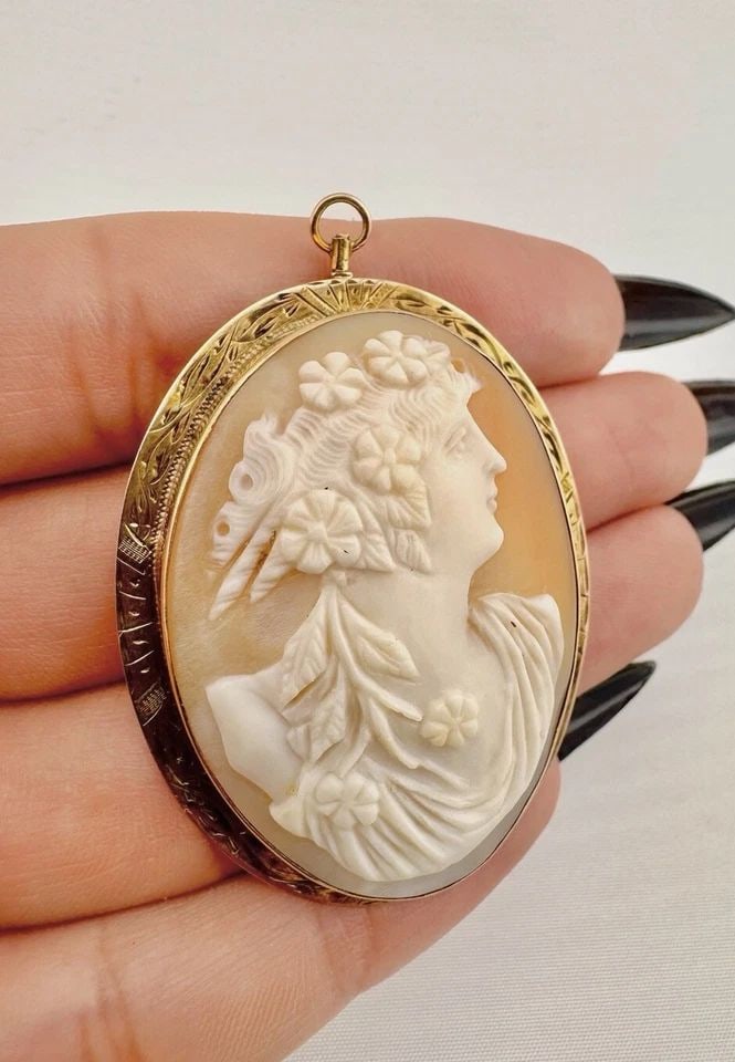 ANTIQUE VICTORIAN 10K GOLD CARVED WOMEN FLORAL HEADDRESS SHELL CAMEO PIN PENDANT: ANTIQUE VICTORIAN 10K GOLD CARVED WOMEN FLORAL HEADDRESS SHELL CAMEO PIN PENDANT Antique Victorian 10k Gold Carved Women Floral Headdress Shell Cameo Pin Pendant Size: 2 1/8" Tall With Bail by Almost 