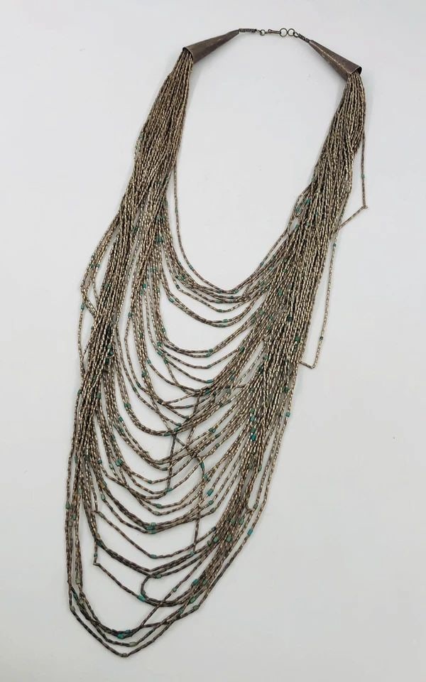 BIG VTG NAVAJO LIQUID STERLING SILVER & BLUE TURQUOISE 40 STRAND NECKLACE 267.2G: BIG VTG NAVAJO LIQUID STERLING SILVER & BLUE TURQUOISE 40 STRAND NECKLACE 267.2G BIG Vtg Navajo Liquid Sterling Silver & Blue Turquoise 40 Strand Necklace 267.2g Size: 25" Long Tip To Tip & Has A 21" 