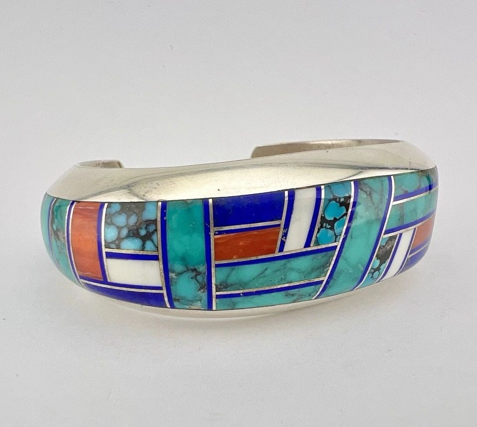 VTG PHILLIP SANCHEZ NAVAJO STERLING SILVER MULTI GEM FLUSH CUFF BRACELET 101G (1 of 2)