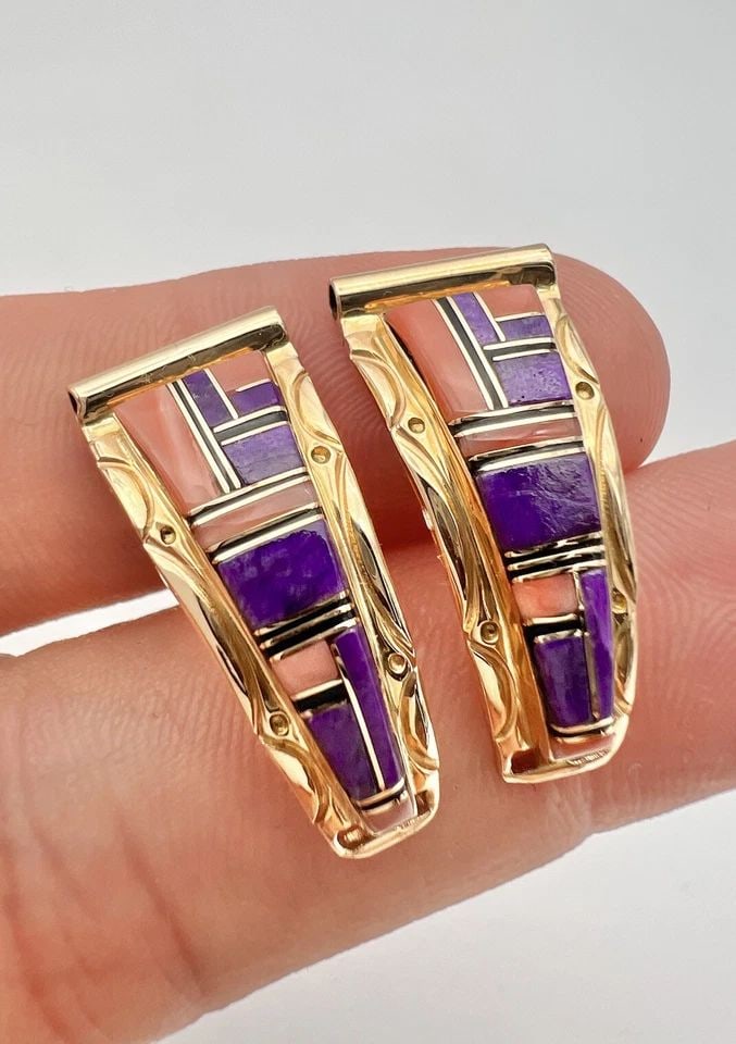 VTG N WALLEY NAVAJO 14K YELLOW GOLD CORAL & SUGILITE WOMEN'S WATCH TIPS 5.6G (1 of 2)