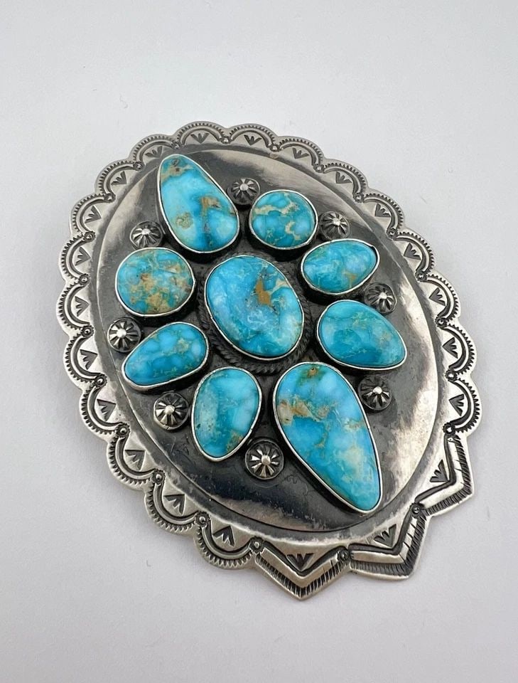 PAUL BEGAY NAVAJO STERLING SILVER SONORAN GOLD TURQUOISE STAMPED PENDANT 3 1/8" (1 of 2)