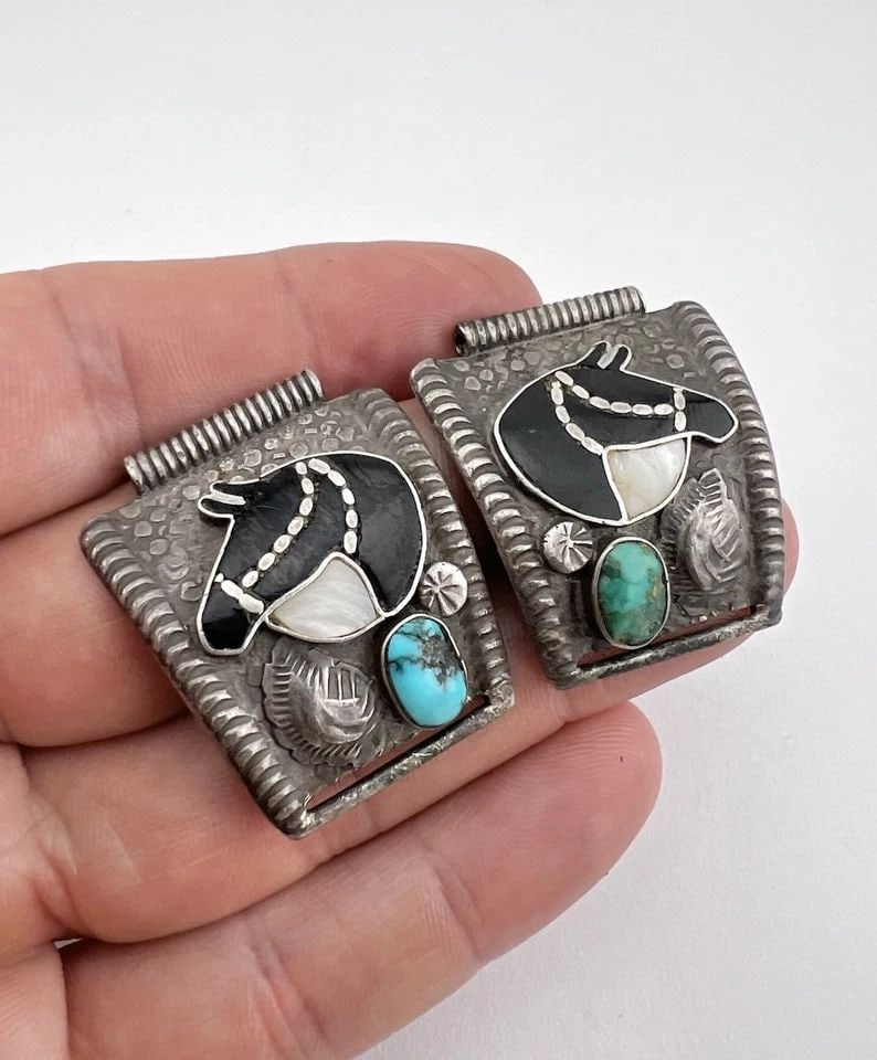 EARLY DAN SIMPLICIO ZUNI STERLING SILVER MULTI GEM FLUSH HORSE MEN'S WATCH TIPS (1 of 2)