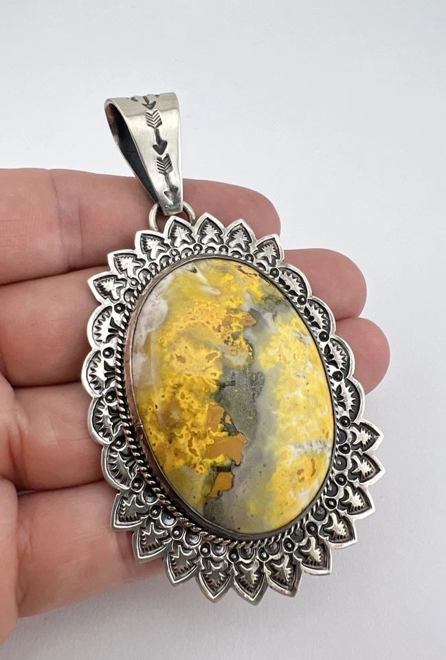SUNSHINE REEVES NAVAJO STERLING SILVER BUMBLEBEE JASPER STAMPED PENDANT 3.75" (1 of 2)
