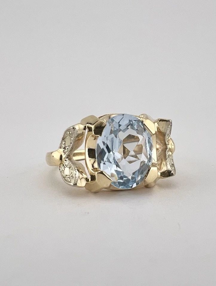 ANTIQUE RETRO 14K YELLOW GOLD OVAL BLUE SYNTHETIC SPINEL WOMEN'S RING (1 of 2)