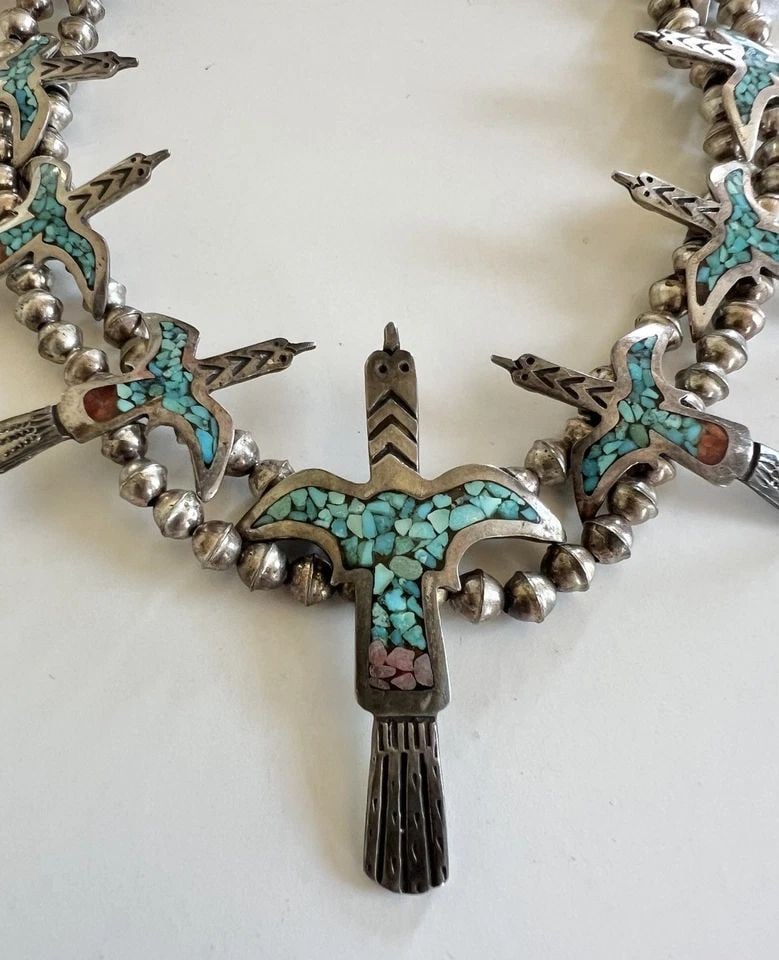 NAVAJO STERLING SILVER CHIP TURQUOISE CORAL PEYOTE BIRD SQUASH BLOSSOM NECKLACE (1 of 2)