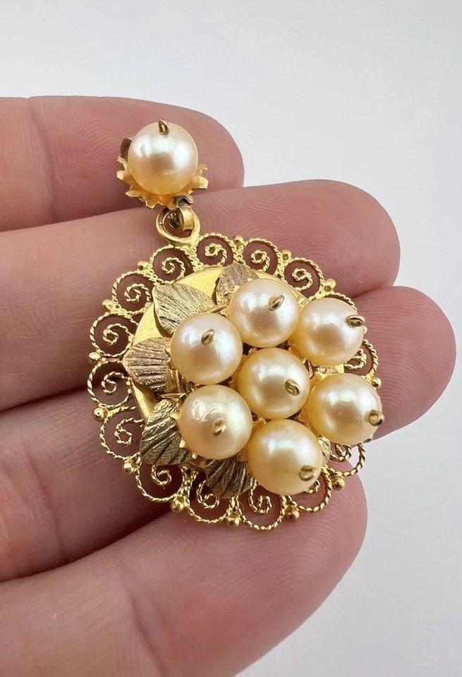 ANTIQUE VICTORIAN ETRUSCAN YELLOW GOLD & PEARL FILIGREE ROUND PENDANT: ANTIQUE VICTORIAN ETRUSCAN YELLOW GOLD & PEARL FILIGREE ROUND PENDANT Antique Victorian Etruscan Yellow Gold & Pearl Filigree Round Pendant Size: 1 3/4" Tall With Bail By 1 1/8" Wide Metal: Test Betwe