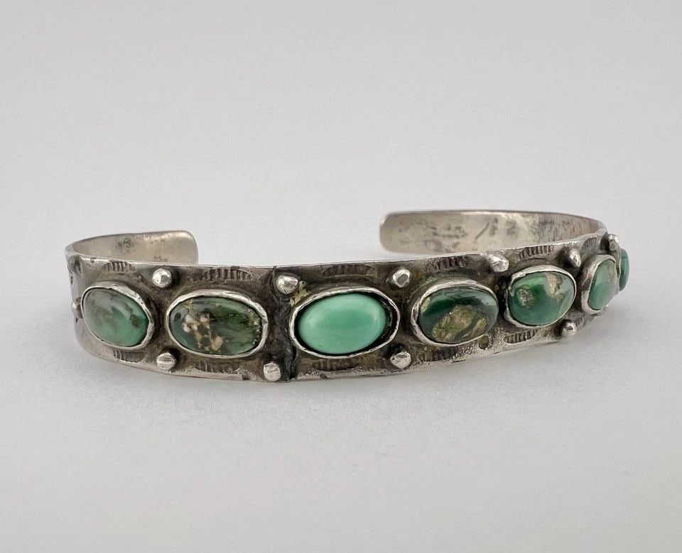 ANTIQUE EARLY 1930S NAVAJO COIN SILVER CERRILLOS TURQUOISE STAMPED CUFF BRACELET: ANTIQUE EARLY 1930S NAVAJO COIN SILVER CERRILLOS TURQUOISE STAMPED CUFF BRACELET Antique Early 1930s Navajo Coin Silver Cerrillos Turquoise Stamped Cuff Bracelet Cuff is Slightly Over 5 1/2" tip to Ti