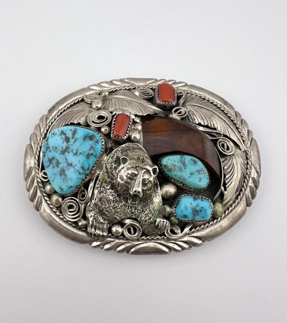 HUGE M THOMAS JR NAVAJO STERLING SILVER TURQUOISE CORAL BEAR BELT BUCKLE 103.4G (1 of 2)
