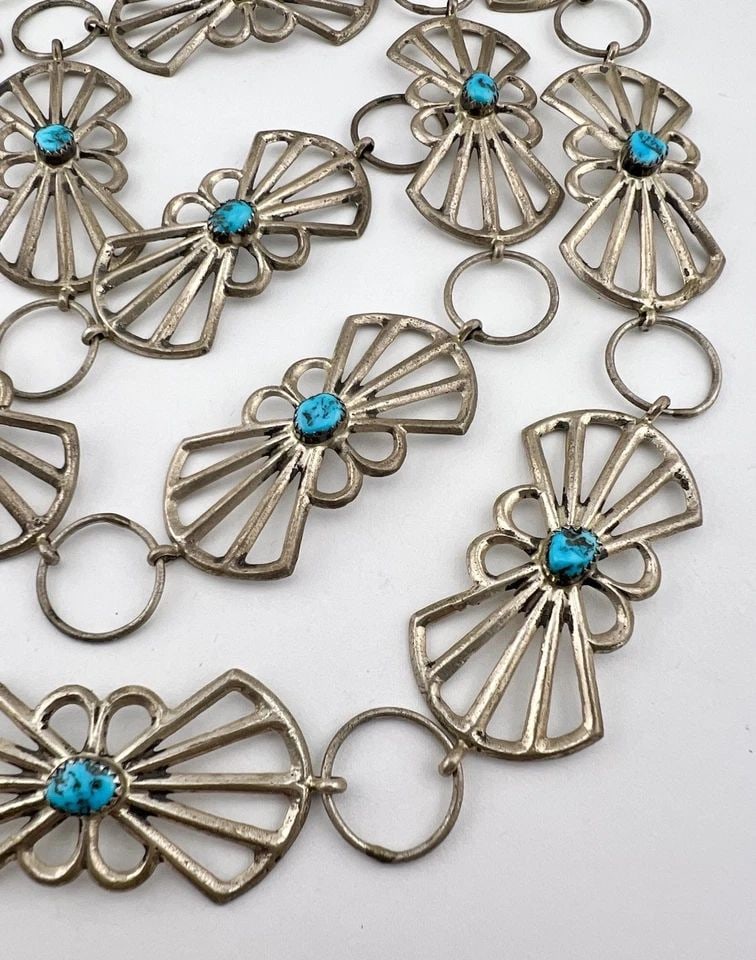 VTG NAVAJO SANDCAST STERLING SILVER TURQUOISE BOWTIE CONCHO LINK BELT 37.5"-103G (1 of 2)