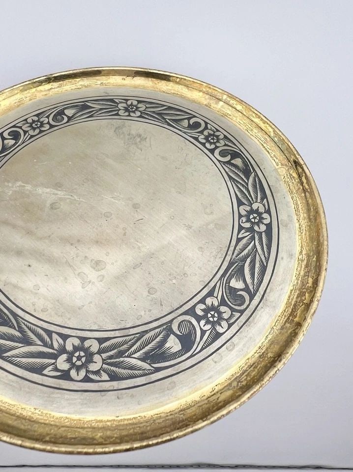 VINTAGE RUSSIAN NIELLO GILT SILVER 875 FLORAL SERVING PLATE 5.5" - 146G (1 of 2)