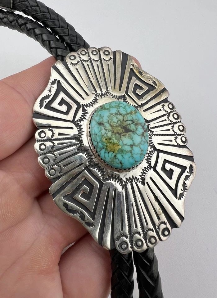 TOMMY TOM BILLY NAVAJO STERLING SILVER INDIAN MOUNTAIN TURQUOISE BOLO TIE 2.75": TOMMY TOM BILLY NAVAJO STERLING SILVER INDIAN MOUNTAIN TURQUOISE BOLO TIE 2.75" Vintage Tommy Tom Billy Navajo Sterling Silver Indian Mountain Turquoise Bolo Tie 2.75" Size: 2 3/4" Tall by 2" Wide Wei