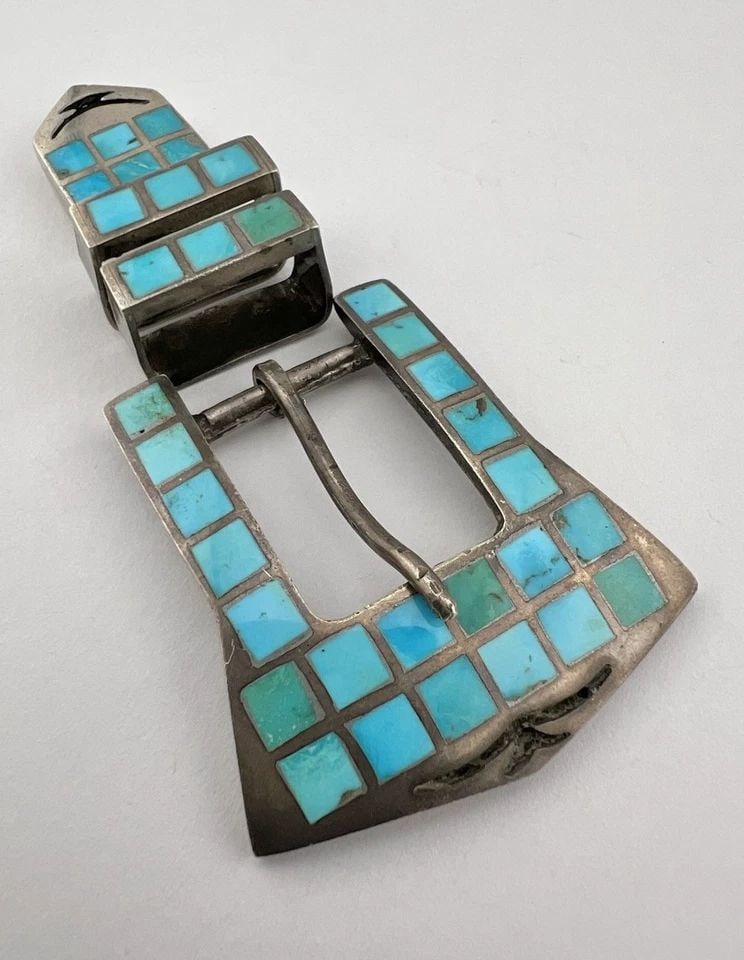 EARLY 1950S ZUNI STERLING SILVER FLUSH TURQUOISE RANGER 4 PC BELT BUCKLE SET 40G (1 of 2)