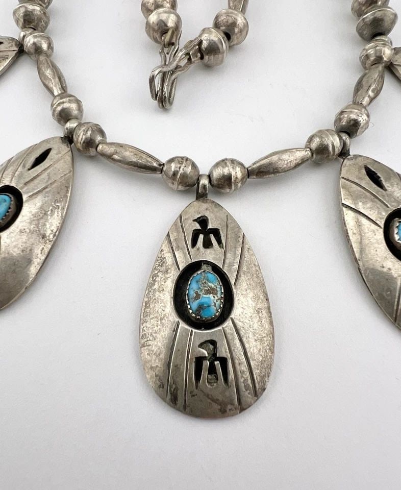 VTG NAVAJO STERLING SILVER TURQUOISE SHADOWBOX THUNDERBIRD COLLAR NECKLACE 15.5" (1 of 2)