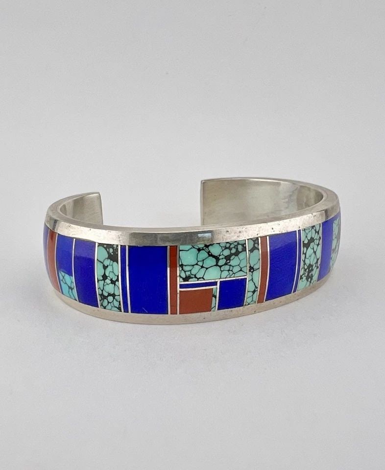 SHERYL MARTINEZ STERLING SILVER TURQUOISE & CORAL & LAPIS FLUSH CUFF BRACELET (1 of 2)