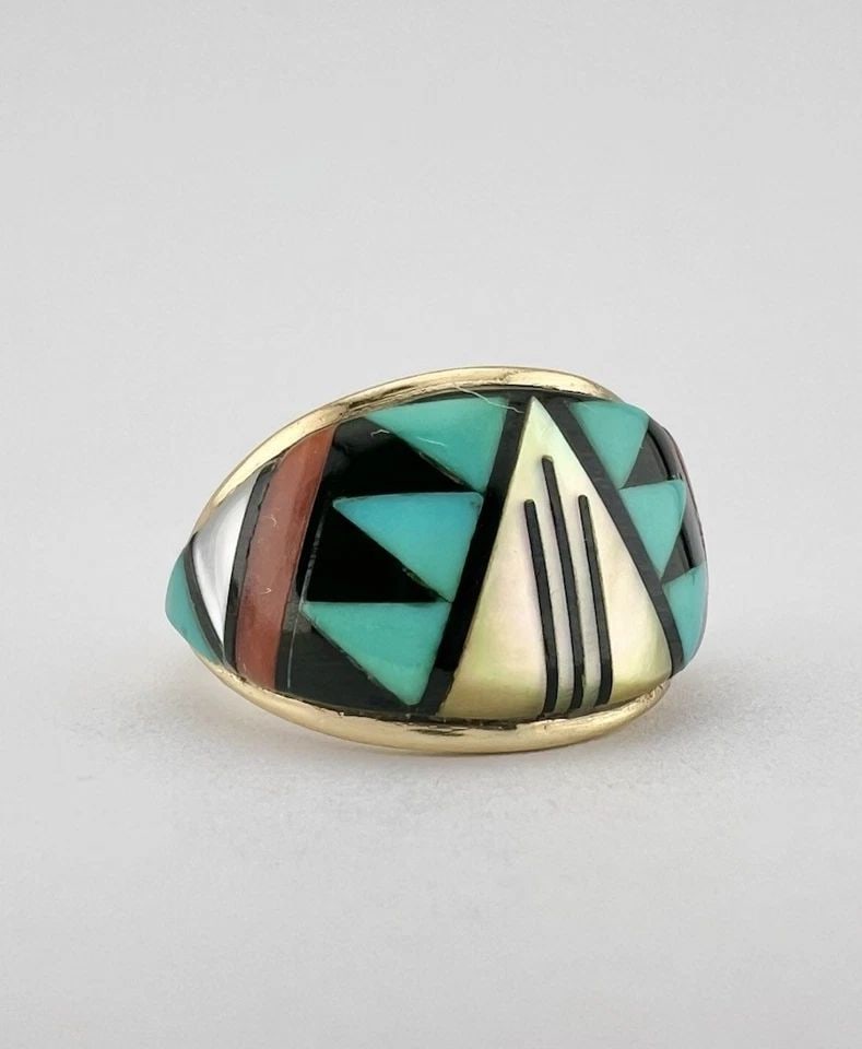 #2 DON & VIOLA ERIACHO ZUNI 14K YELLOW GOLD MULTI GEMSTONE FLUSH WOMEN'S RING (1 of 2)