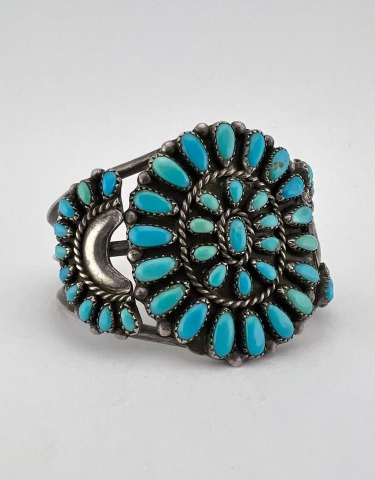 VTG M BEGAY NAVAJO STERLING SILVER NATURAL TURQUOISE CLUSTER WIDE CUFF BRACELET: Vtg M BEGAY Navajo Sterling Silver Natural Turquoise Cluster Wide Cuff Bracelet Cuff is Just Under 5 1/4" tip to Tip and has a 1" Wide Slightly Adjustable Gap Cuff Is 1 7/8" at Its Widest Point Weight