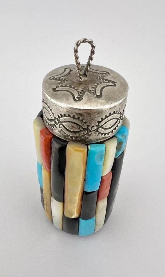 VTG KEWA SANTO DOMINGO PUEBLO MULTI GEM CORNROW COBBLESTONE SNUFF BOTTLE PENDANT: VTG KEWA SANTO DOMINGO PUEBLO MULTI GEM CORNROW COBBLESTONE SNUFF BOTTLE PENDANT Vtg Kewa Santo Domingo Pueblo Multi Gem Cornrow Cobblestone Snuff Bottle Pendant Size: Just Under 3" Tall With Bail By 
