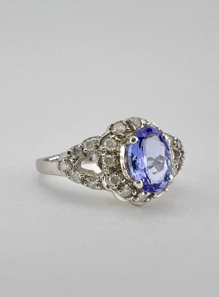 DESIGNER 14K WHITE GOLD .72CT OVAL TANZANITE & PAVE SET .28CT DIAMOND HALO RING (1 of 2)