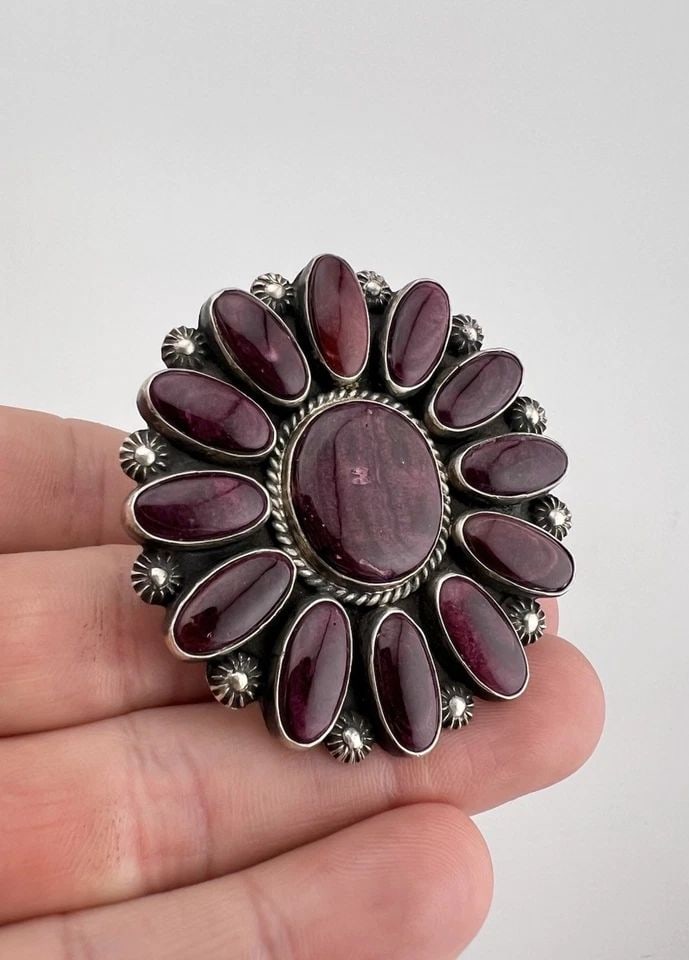 HUGE TYLER BROWN NAVAJO STERLING SILVER PURPLE SPINY OYSTER SHELL CLUSTER RING: HUGE Tyler Brown Navajo Sterling Silver Purple Spiny Oyster Shell Cluster Ring Ring Size: 9 - Can Be Re Sized Weight is 32.6 Grams on my scale Metal: Sterling Silver Face of the Ring is 2 1/8" Tall In