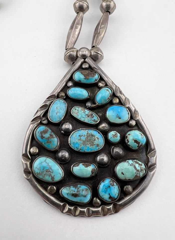 VTG NAVAJO STERLING SILVER BISBEE TURQUOISE BENCH BEAD TEARDROP NECKLACE PENDANT (1 of 2)