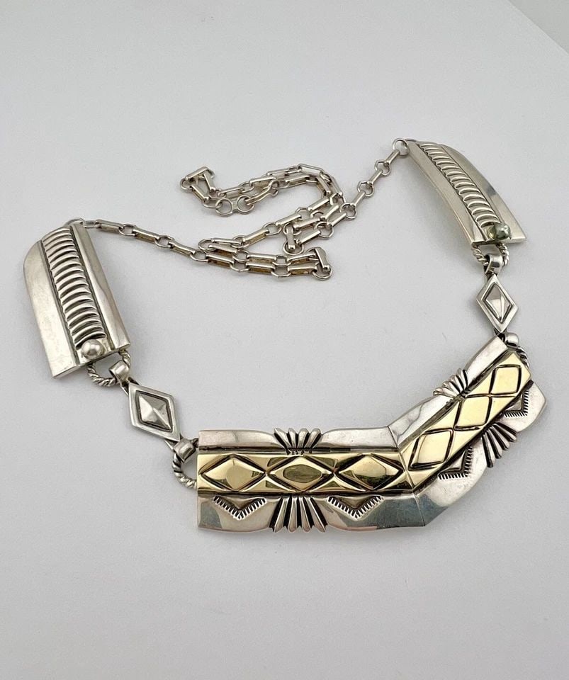 MIKE BEGAY NAVAJO STERLING SILVER & 14K GOLD STAMPED COLLAR DANGLE NECKLACE 21" (1 of 2)