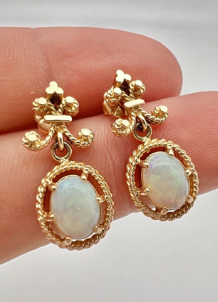 ANTIQUE ETRUSCAN 14K YELLOW GOLD AUSTRALIAN FIRE BOULDER OPAL DANGLE EARRINGS: ANTIQUE ETRUSCAN 14K YELLOW GOLD AUSTRALIAN FIRE BOULDER OPAL DANGLE EARRINGS Antique Etruscan 14k Yellow Gold Australian Fire Boulder Opal Dangle Earrings Size: About 1" Tall With Dangle by Just Unde