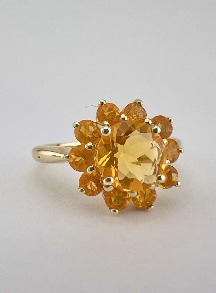 DESIGNER 14K YELLOW GOLD NATURAL MEXICAN FIRE OPAL CLUSTER HALO RING: DESIGNER 14K YELLOW GOLD NATURAL MEXICAN FIRE OPAL CLUSTER HALO RING Designer 14k Yellow Gold Natural Mexican Fire Opal Cluster Halo Ring Ring Size: 9.25 - Can Be Resized Metal: 14k Yellow Gold - Test