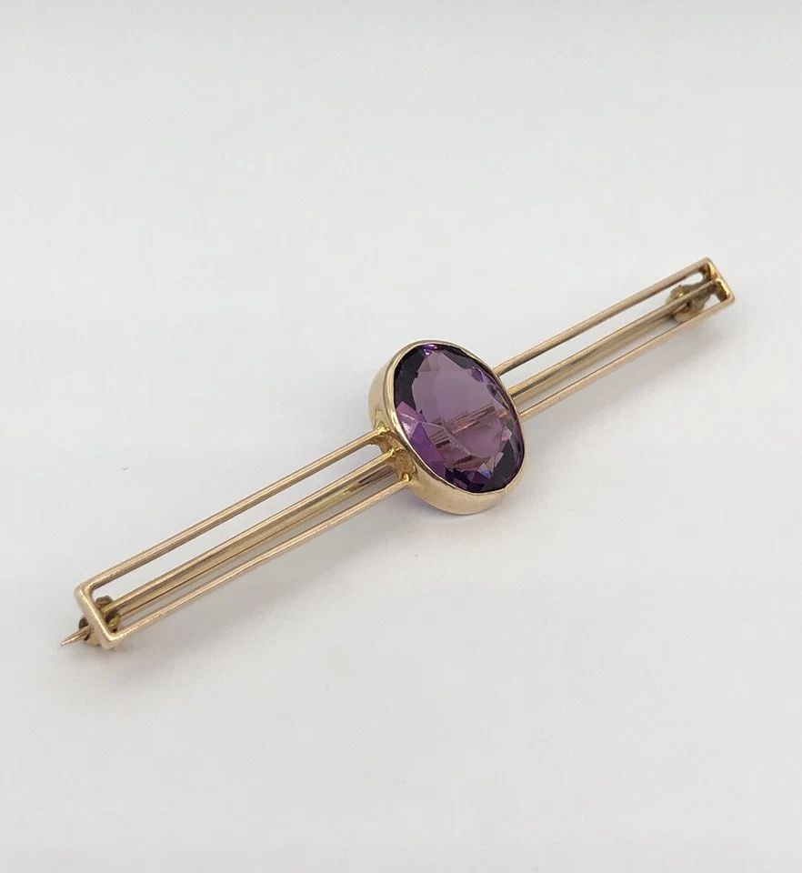 ANTIQUE 14KT YELLOW GOLD FRENCH CUT PURPLE AMETHYST BROOCH BAR PIN 2.5" - 5.5G (1 of 2)