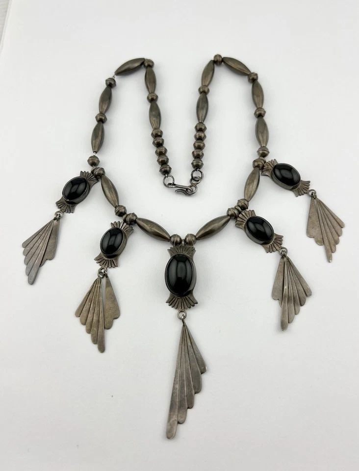 VTG NAVAJO STERLING SILVER BLACK ONYX BENCH BEAD COLLAR DANGLE NECKLACE 18.5" (1 of 2)