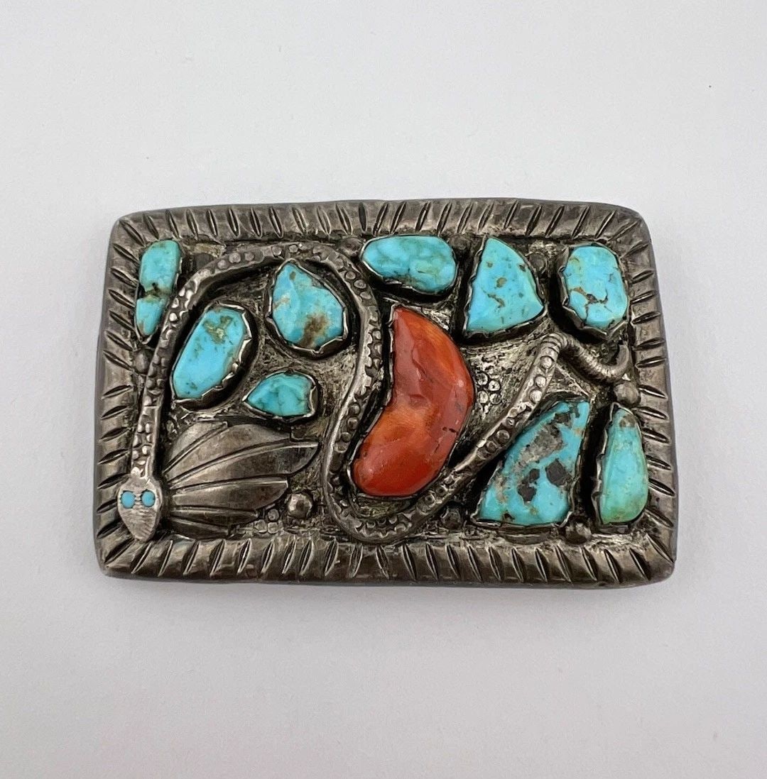 VINTAGE ZUNI STERLING SILVER CAST TURQUOISE & CORAL SNAKE BELT BUCKLE 3" - 89.5G: Vintage Zuni Sterling Silver Cast Turquoise & Coral Snake Belt Buckle 3" - 89.5g Size: 3" Wide By 2" Tall Weight is 89.5 Grams on my scale Metal: Sterling Silver Amazing Stamped/ Snake Design with an 