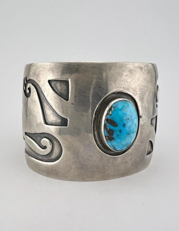 VTG HOPI STERLING SILVER BIRDS EYE KINGMAN TURQUOISE OVERLAY WIDE CUFF BRACELET (1 of 2)