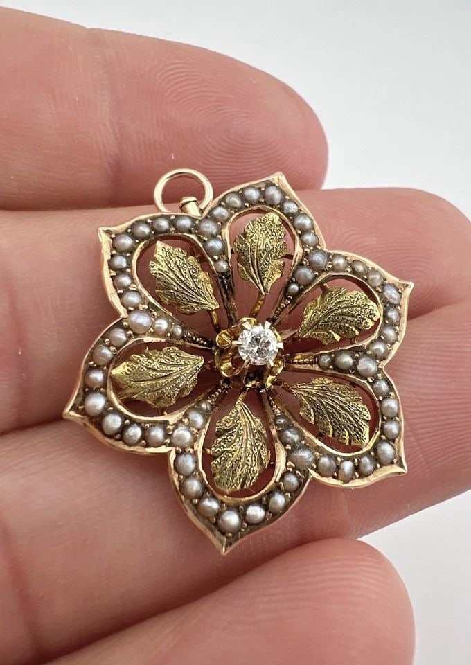 VICTORIAN 10K GOLD EUROPEAN CUT DIAMOND & SEED PEARL FLOWER SUN PIN PENDANT (1 of 2)