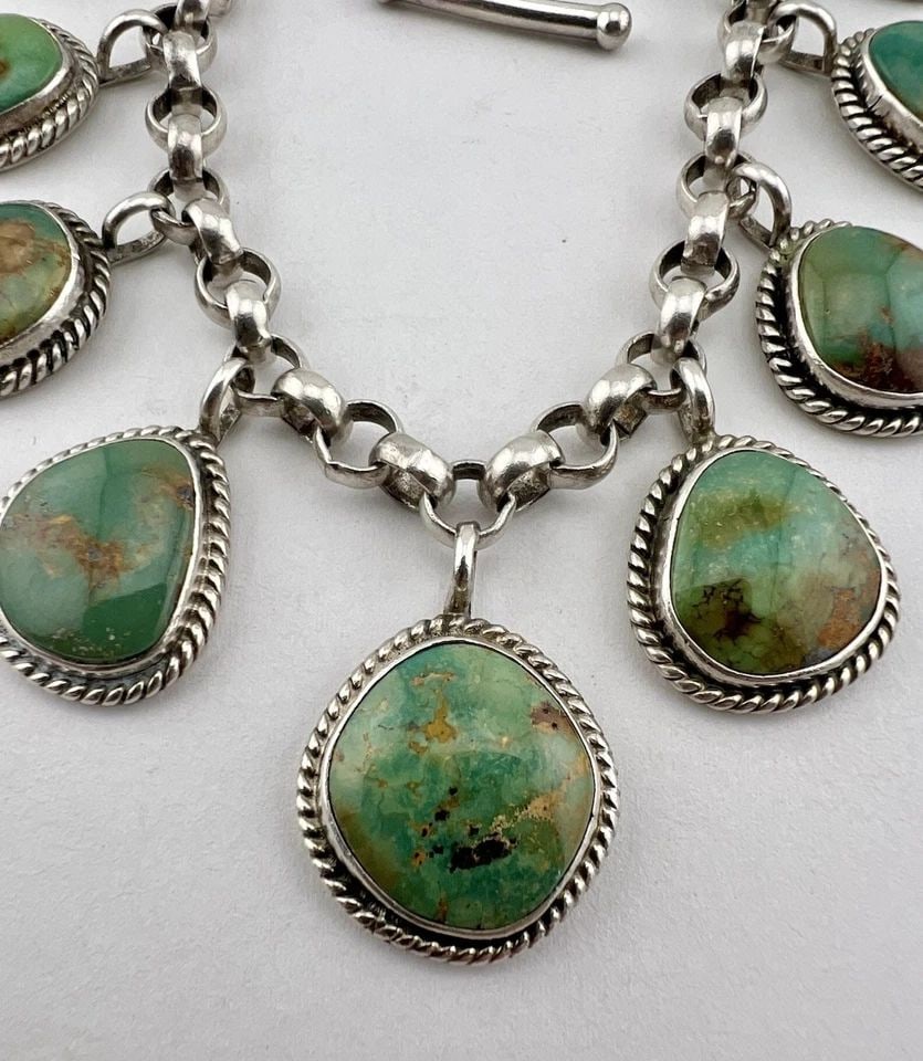 VINATGE NAVAJO STERLING SILVER ROYSTON TURQUOISE LINK TOGGLE CHARM BRACELET 52G: VINATGE NAVAJO STERLING SILVER ROYSTON TURQUOISE LINK TOGGLE CHARM BRACELET 52G Vintage L. Bille Navajo Sterling Silver Royston Turquoise Link Toggle Charm Bracelet 52g Size: 8 3/8" Long Tip To Tip - 